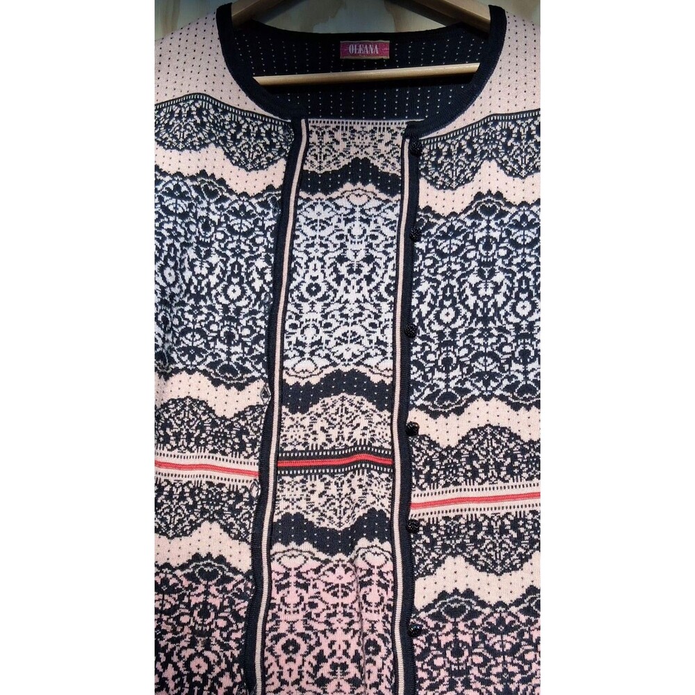 Oleana Norwegian Silk Merino Wool Cardigan Sweater Pink Black Nordic Knit XL - Picture 6 of 9